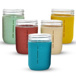 minliving Silicone Mason Jar Sleeves | Anti-Slip Protectors for 8 oz Regular Mouth Ball & Kerr Jelly Canning Jars | Kids Cup Holders with Measurement Markings | Dishwasher Safe Jar Jackets - 5 Pack