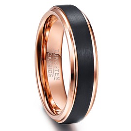 NUNCAD 6mm Men's Black Promise Rings with Brushed Center Rose Gold Plated Tungsten Bands Size S