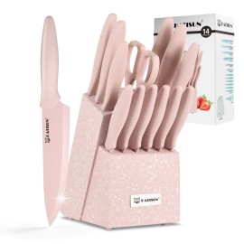 Full Pink 14 Pcs Carbon Steel Kitchen Knives Chef Kitchen Knife with Knife Holder Scissorscolor: Pink