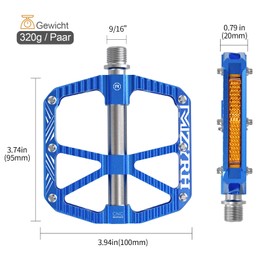 MZYRH MTB Mountain Bike Pedals with Reflectors, Platform Flat Bicycle Pedals Aluminium Alloy Non-Slip 9/16 Inch Bicycle Pedals with 3 Bearings for Mountain Bike, Road Bike, MTB (Blue)