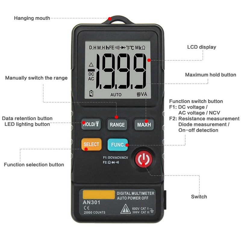 ANENG AN301 Digital Multimeter 1999 Counts Ture RMS AC /
