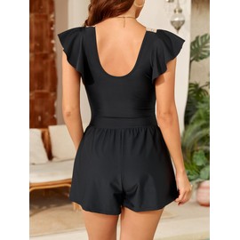 Smismivo Swim Romper Tummy Control One Piece Swismuit with Short Modest Bathing Suit Swim Dress Ruffle Swim Suit Lace Full Coverage Swimwear Black1-M