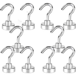 Magnetic Hooks, Super Strong with Magnets, Set of 10, Vertical Load Capacity: 26.6 lbs (12 kg), Horizontal Load Capacity: 17.6 lbs (8 kg), Diameter: 0.26 inches (6.5 mm), Metal, Magnetic Hooks, Silver, For Kitchens, Offices, Bathrooms, Baths, Wall Hangin