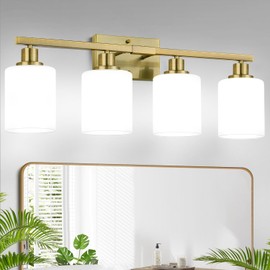4-Light Bathroom Light Fixtures, Brass Vanity Light with Milky White Shades, Bathroom Lighting Fixtures Over Mirror, Modern Bathroom Wall Lamp for Mirror Living Room Cabinet Bedroom