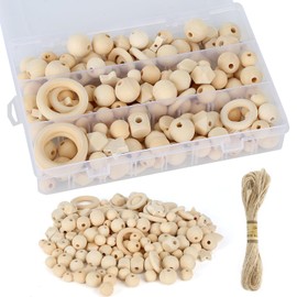 FINEASY Pack of 165 Wooden Beads Wooden Rings Set, Wooden Rings for Crafts, DIY Macrame, Wooden Balls with Hole Kit, Natural Wooden Beads for Threading, Natural for DIY Jewellery Accessories Making