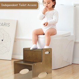 WOOD CITY Toddler Step Stool for Kids, Wooden Brown Two Step Children's Stool with Handles, Bonus Non-Slip Pads for Safety, Bathroom Potty Stool & Kitchen Step Stools Dual Height