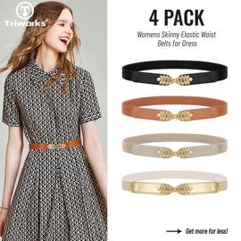 TRIWORKS 4 Pack Women Skinny Elastic Belt Ladies Fashion Stretchy Thin Waist Belt For Dresses Black/Brown/Beige/Gold