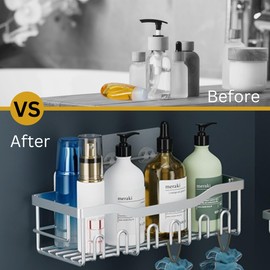 Rustproof Adhesive Shower Caddy Hanging - ASA STORES Silver 5-Pack No Drill Bathroom Organizer With 20 Hooks, Soap Holder,4 Snap Hooks-Stainless Steel Wall Mounted Storage For Kitchen & Home Decor