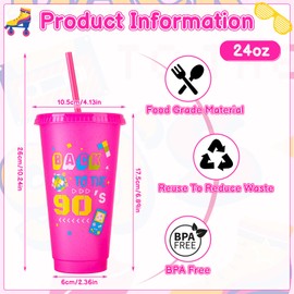 Ovveroche 12 Pcs 90s Party Cups with Lids and Straws, 24OZ 90s Theme Party Decorations Drinking Cups Bulk for Retro Music Party Supplies Throwback Dance Birthday Party Supplies