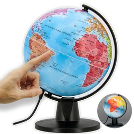 ORBIT Globes & Maps - Schülerglobus - 16cm Mini-Leucht-Globus mit stabilem, schwarzem Standfuß, Kartenbild 2025 politisch mit LED Leuchte, aktuelles deutsches Kartenbild