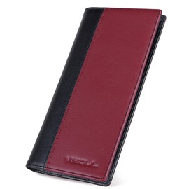 VISOUL Leather Long Checkbook Bi-fold Wallets with Zipper Pocket for Men and Women, RFID Blocking Tall Billfold Secretary Cash Wallet (Wine Red and Black)
