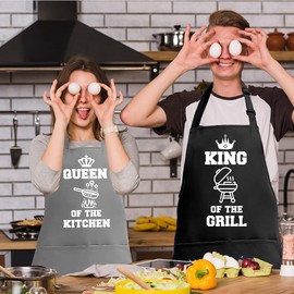 IDEAPRON Kitchen Apron for Couples, Funny Cooking Aprons Wedding Anniversary Engagement Bridal Showers Gifts the Bride - King of Grill & Queen Kitchen, Black Grey, L