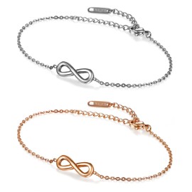 Flongo Women's Elegant Anklet / Friendship Bracelet, Friendship Bracelets for 2, Stainless Steel Bracelet / Anklet with Hearts / Infinity Charm in Rose Gold or Silver, Stainless Steel