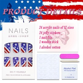 4th of July Press on Nails Medium Square America Flag Fake Nails Full Cover False Nails with Star Designs Tricolor Glossy Glue on Nails Star Acrylic Manicure Artificial Nails for Women Girls 24Pcs