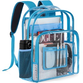 OUUTMEE Clear Backpack Heavy Duty PVC Transparent backpack, See Through School Bag with Reinforced Strap for Student School Work Sport Travel (Blue)