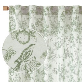 Vangao Linen Blend Floral Curtains for Living Room 84 Inch Length Sage Green Drapes Back Tab Light Filtering Toile Bird Printed Farmhouse Bedroom Decor Rod Pocket Window Treatments 2 Panels Set