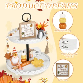 Fall Decorations, 8 PCS Fall Tiered Tray Decor Set, Thanksgiving Harvest Table Centerpieces Pumpkin Maple Leaf Bead Garland, Autumn Rustic Farmhouse Wooden Sign, Tabletop Decor for Home Kitchen Shelf