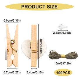 Andiker Mini Wooden Pegs, Natural Wooden Clothes Pegs with 10 m Jute Twine Non-Trace Hanging Hooks, Decorative Pens for Wedding Party, Photo Holder, Card Decoration, Crafts (100 Pieces, White)