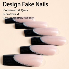 QQPPOLIU Black French Tip Press on Fake Nails Silver Smile Line Glue on Nails for Women 24pcs