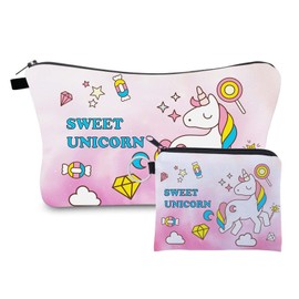 SWEET UNICORN Small Makeup Bag and Coin Purse 2PCS Set, Travel Essentials Flowers Pattern Cosmetic Bag Unicorns Gifts for Girls