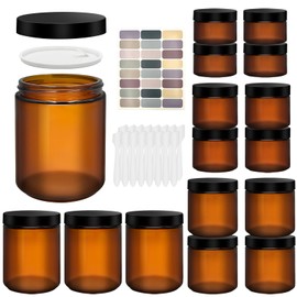 Amber Glass Jars with Lids, 8oz 4oz 2oz 1oz Glass Cosmetic Jars with Inner Liners, Labels & Spatulas, Reusable Lotion Containers for Creams, Body Butter, Scrubs, DIY Cosmetics – 16 Pack