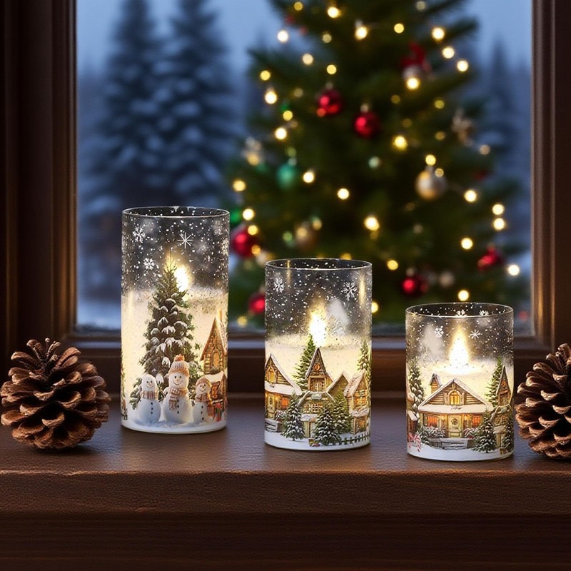 DRomance Snowman House Glass Flameless Candles Battery Operated with Remote