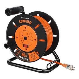 DEWENWILS Heavy Duty Open Cord Reel with 80FT Extension Cord, Hand Wind Retractable, 14/3 AWG SJTW, 4 Grounded Outlets, 13 Amp Circuit Breaker, Orange and Black, ETL Listed