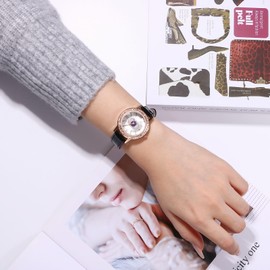 Silverora Women's Leather Watches: Retro Boho Evil Eye Analogue Quartz Wrist Watch Shiny Zircon Rhinestone Watch with Dot Bar Scale Gifts for Women, black, Strap.