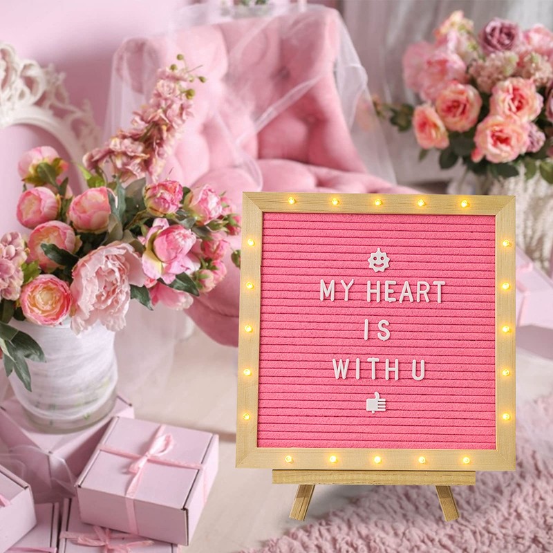Pink Felt Letter Board with Stand, Built-in LED Lights With