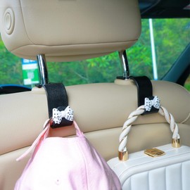 MaPctSy Car Hooks for Purses and Bags Cute Bowknot Car Seat Headrest Hook Hanger, Universal Vehicle Storage Animal Seat Back Holder (2pcs Panda Head) (Small White)