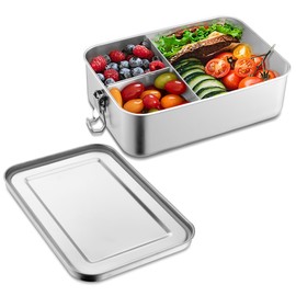 Joyfair Stainless Steel Lunch Box, 850ml Bento Box with 1 Removable Compartment, Metal Sandwich Salad Food Storage Containers for Adults and Kids, Lockable Clips & Leak Proof, Oven & Dishwasher Safe