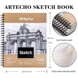 Artecho 9x12" Sketch Book, 100 Sheets (60 lb/90gsm), Spiral Bound, Art Supplies Sketch Pad, Durable Acid Free Drawing Paper, Ideal for Kids & Adults, Natural White