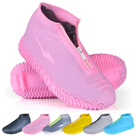 ydfagak Shoe Covers Waterproof Reusable Foldable Not-Slip Rain Shoe Covers with Zipper,Shoe Protectors Overshoes Rain Galoshes for Kids Men and Wome (Pink, L (Women 8-12, Men 7-11))