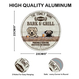 Golden Retriever Pug Bull Dog Beer Tin Sign Customized Family Dog Name Round Tin Plaque Retro Barks & Grill Garage Signs Decorative for Home Beach House Bathroom 9x9in