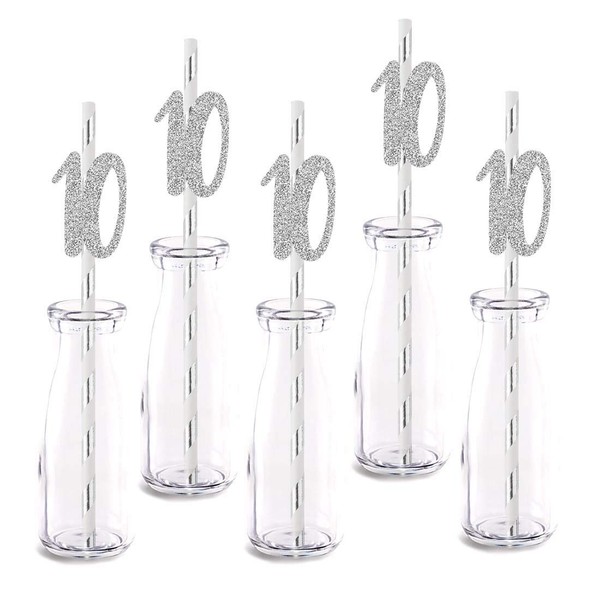 Silver Happy 10th Birthday Straw Decor, Silver Glitter 24pcs Cut-Out Number 10 Party Drinking Decorative Straws, Supplies