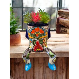 Talavera Body-Shaped Planter with Legs; 9” High x 6” Wide; Hand-Painted Mexican Pottery for Shelf or Stairs