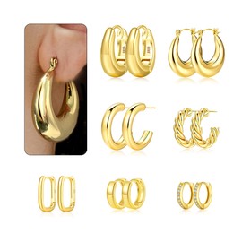 VEEDOFA Chunky Gold Hoop Earrings for Women, Hypoallergenic Thick Large Twisted Huggie Hoops Earrings Set for Gift, 14K Gold Plated Lightweight Hoop Earrings for Multiple Piercings, Gold Jewelry for Women