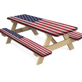 Rustic Board Flag Picnic Table and Bench Fitted Tablecloth Cover, 3 Pcs Wood Panel Blue Red Picnic Table Cover with Bench Covers for Outdoor BBQ Holiday Party Camping, 72x28 Inch