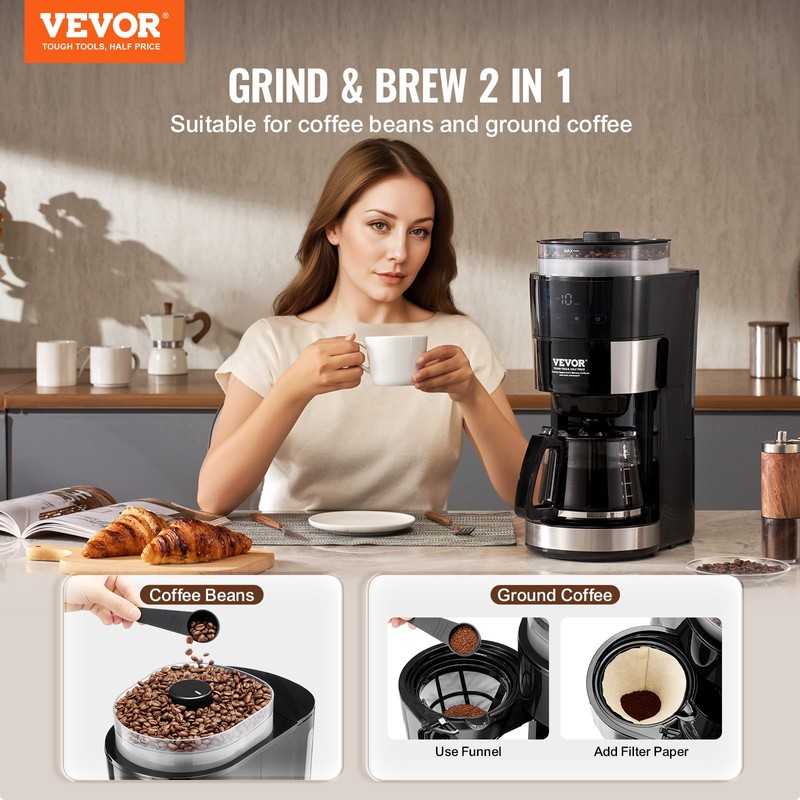 VEVOR Coffee Maker with Grinder, 10 Cup Coffee Machine, Grind