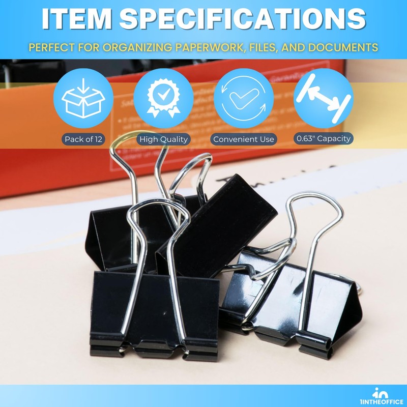 1InTheOffice Medium Binder Clips, Paper Clamps, Paper Binder Clips, 5/8"