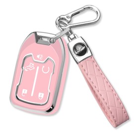 QBUC for GMC Key Fob Cover with Keychain Chrome Silver Trim Soft TPU Protection Case Compatible with GMC Acadia Sierra Terrain and Chevy Silverado 1500 2500HD 3500HD 5-Button(Pink)