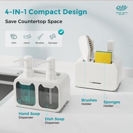 LINZOM Soap Dispenser for Kitchen Sink, 700ml Kitchen Soap Dispenser Set with Pump, Hand Soap Dispenser & Dish Soap Dispenser with Sponge Holder for Kitchen Decor, Bathroom, White