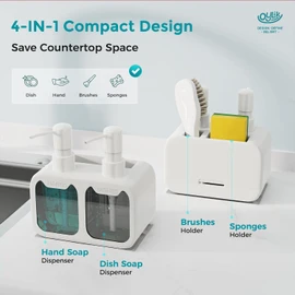 LINZOM Soap Dispenser for Kitchen Sink, 700ml Kitchen Soap Dispenser Set with Pump, Hand Soap Dispenser & Dish Soap Dispenser with Sponge Holder for Kitchen Decor, Bathroom, White