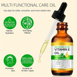 Aceite de Vitamina E, Apto para el Rostro, el Cabello y el Cuero Cabelludo, Cuidado Profundo, Hidrata la Piel y Mejora Su Elasticidad，75 000 UI, 60 ml
