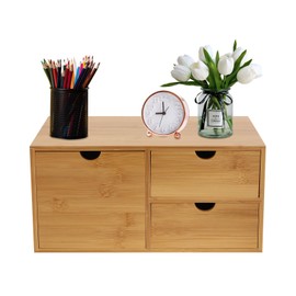 Bamboo Desk Organizer,Countertop Storage Cabinet with 3 Drawers Mini Tabletop Rack Holder for Home Office Supplies