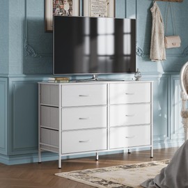 WLIVE Wide Dresser with 6 Fabric Drawers, TV Stand for 50" TV, Closet Dresser with Metal Frame, Wooden Top, Fabric Dressers for Bedroom, Closet, Hallway, Living Room, Entryway, White