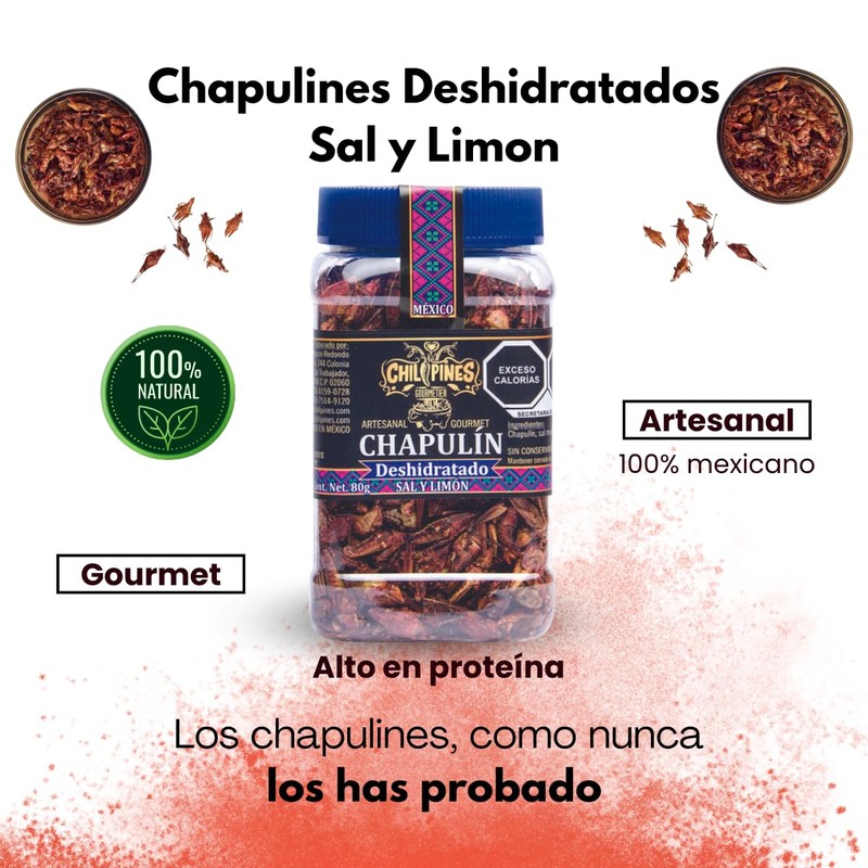 Chapulin Deshidratado Sal y Limon 80g Chilipines, botana saludable, snack