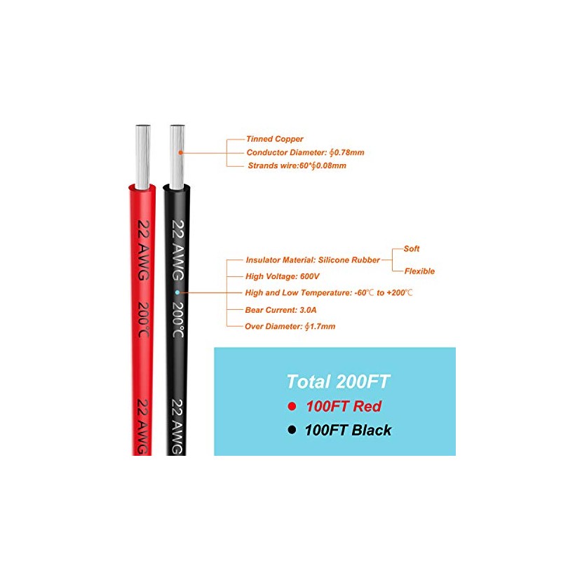 22awg Silicone Electrical Wire Cable 200ft [Black 100ft Red 100ft]