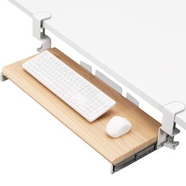VIVO Large Clamp-on Computer Keyboard and Mouse Under Desk Mount Slider Tray, 27 (33 Including Clamps) x 11 inch Pull Out Platform Drawer, Light Wood Tray, White Frame, MOUNT-KB05A