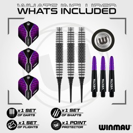 Winmau Darts Kairos 18g Barrel / 20g Full Weight Soft Tip 90% Professional Tungsten Darts Set with Dart Flights and Dart Shafts (Stems)